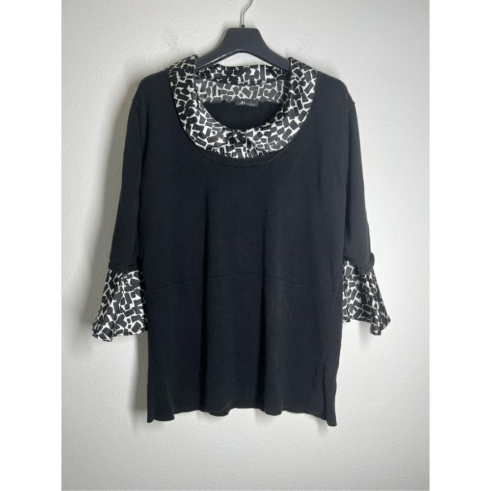 AB Studio Silk Print Trim 3/4 Sleeve Black White Sweater Size 3XL